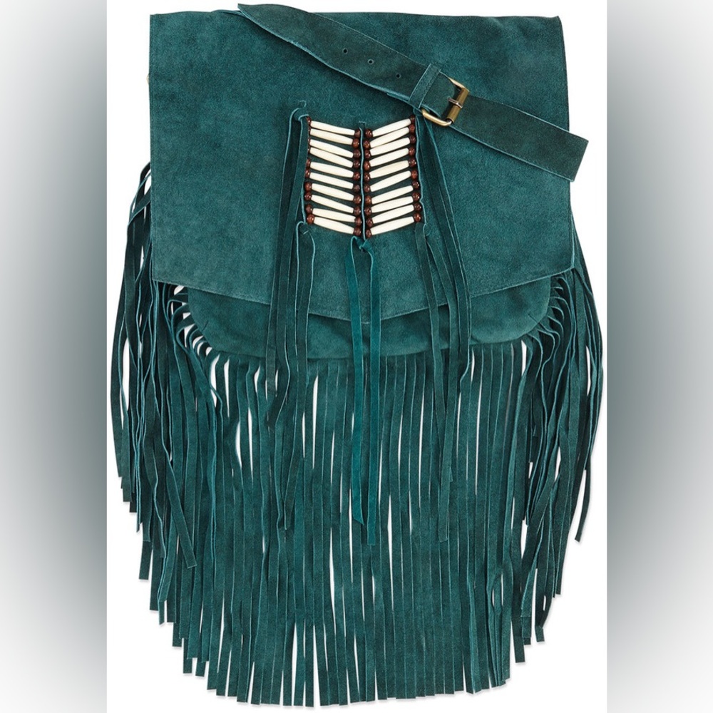 Highly sought after RAJ suede crossbody w/chevron front beading & fringe trim.